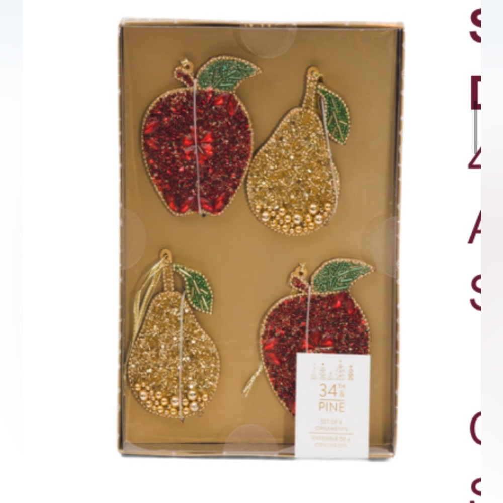34th & Pine Apple and Pear Fruit Beaded Christmas Ornaments Set of 4 New